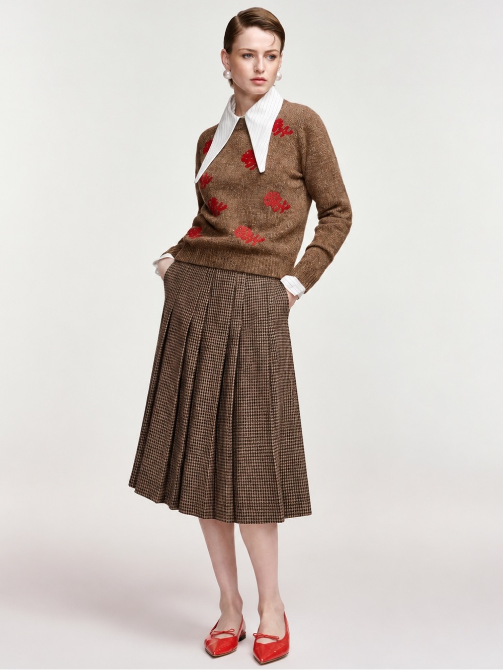 Vtg Ladybug Glenayr Wool Houndstooth Pleated Skirt Midi Academia Brown Like New